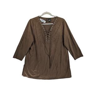 New Directions Lace Up Blouse‎ M Brown Suede Feel Lightweight Casual Top Office